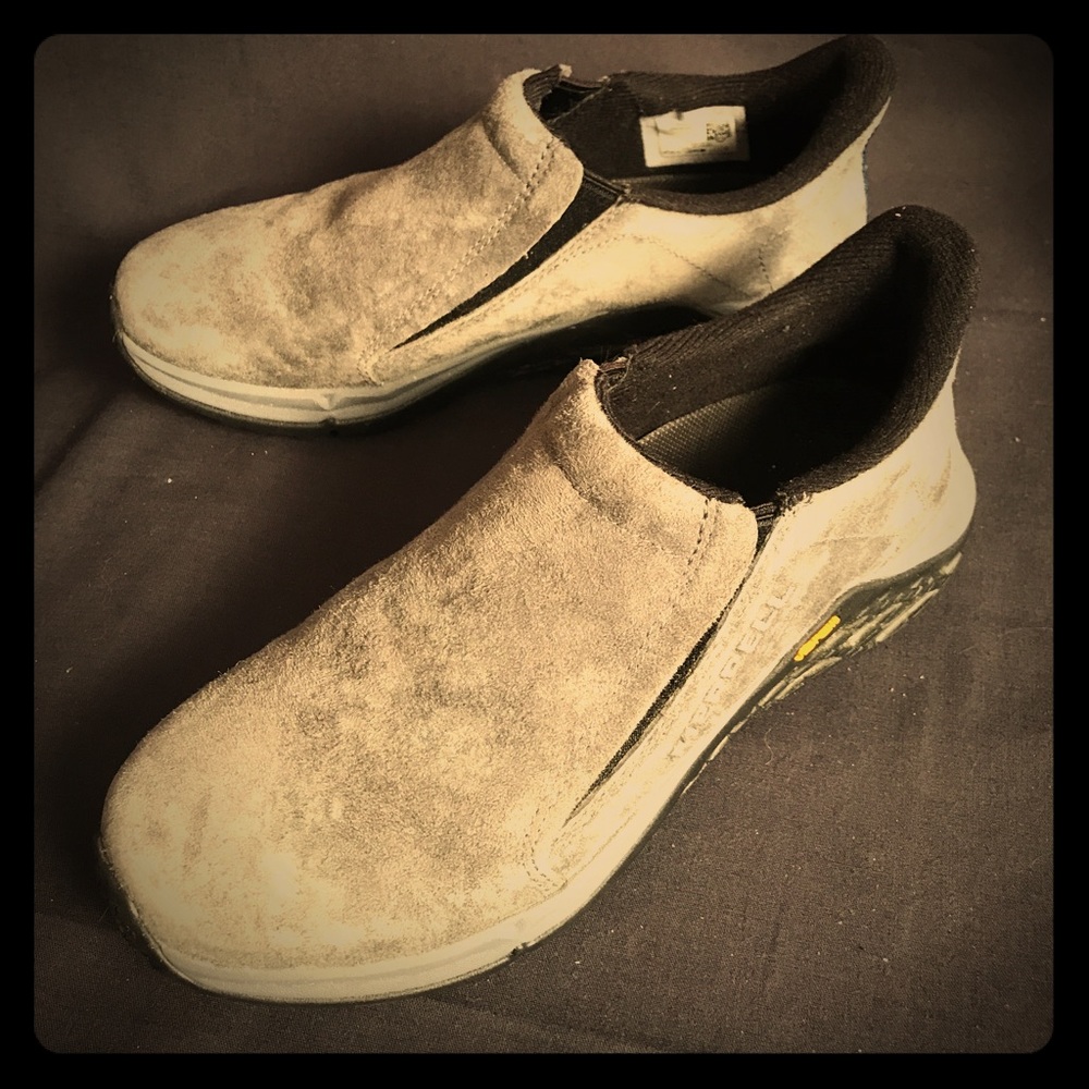 Merrell gray suede slip-on Vibram hiking moccasin